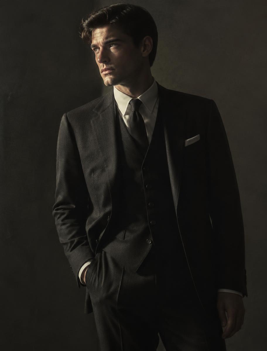 Man in a tailored dark three-piece suit under dramatic light