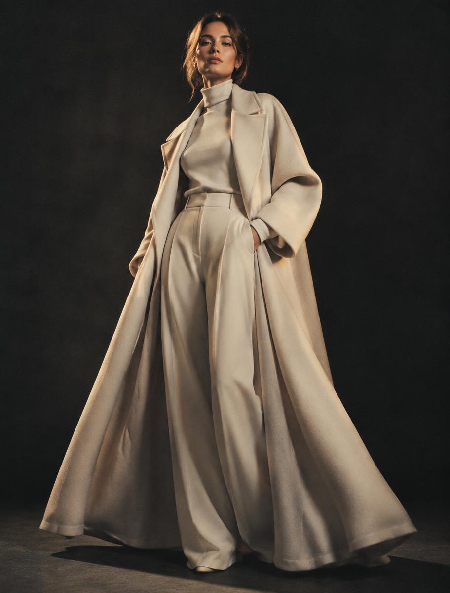 Woman in a long flowing ivory coat and tailored trousers